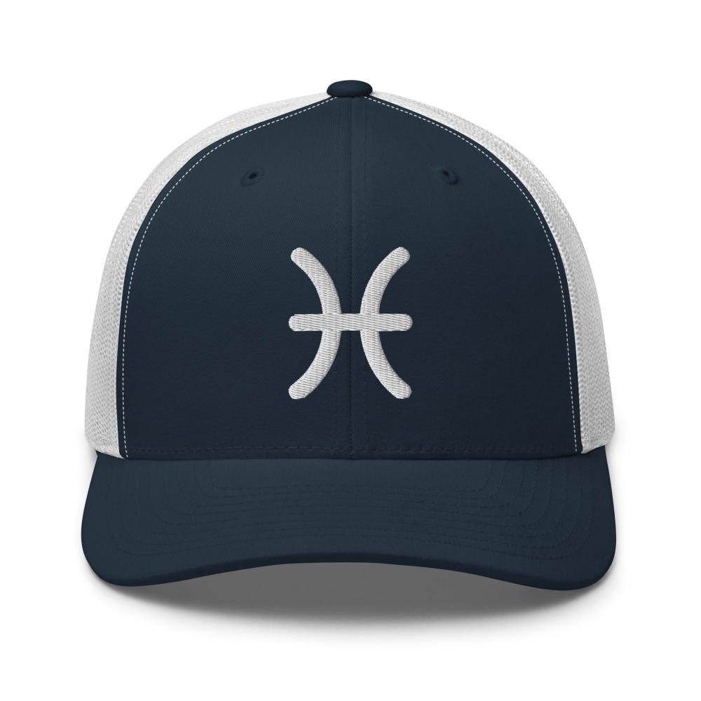 Pisces Zodiac Embroidered Curved Bill Trucker Hat - Navy/White Color - https://ascensionemporium.net